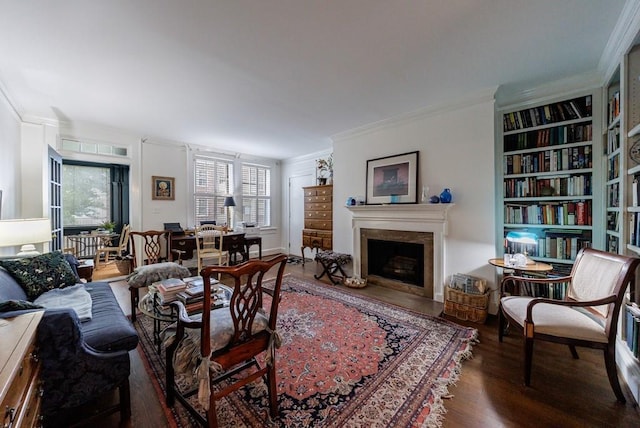 2260 Peachtree Rd NW Unit B4, Atlanta, GA 30309 - living room featuring crown molding, wood finished floors, a fireplace with flush hearth, and built in features