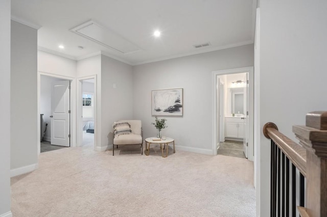 living area with attic access, visible vents, ornamental molding, and carpet