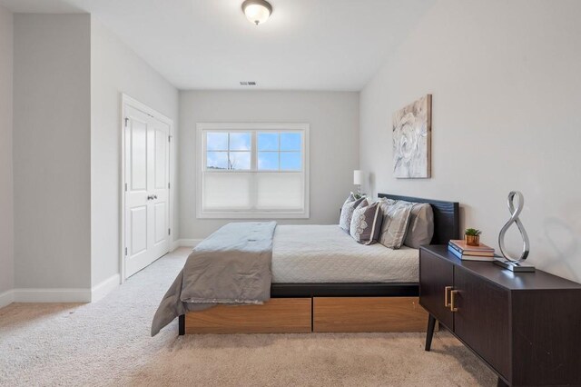 bedroom featuring a raised ceiling and light carpet