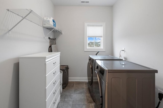 laundry area with washing machine and clothes dryer, baseboards, visible vents, and laundry area