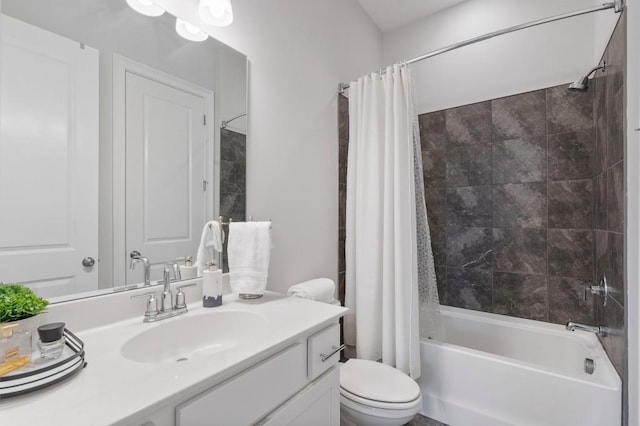 full bath featuring toilet, shower / bathtub combination with curtain, and vanity