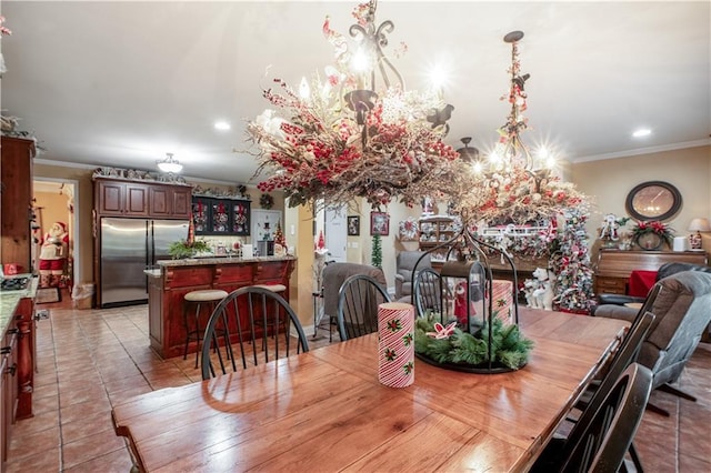 261 Double Springs Rd SW, Monroe, GA 30656 - dining space with ornamental molding, a chandelier, light tile patterned flooring, and recessed lighting