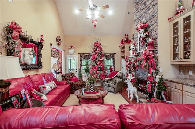 261 Double Springs Rd SW, Monroe, GA 30656 - living room featuring high vaulted ceiling and ceiling fan