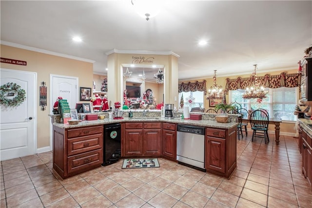 261 Double Springs Rd SW, Monroe, GA 30656 - kitchen with stainless steel dishwasher, a chandelier, ornamental molding, a sink, and light tile patterned flooring