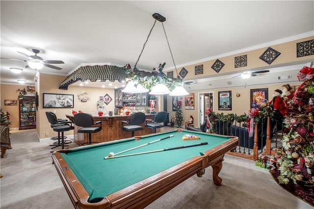 261 Double Springs Rd SW, Monroe, GA 30656 - game room with light colored carpet, a dry bar, billiards table, crown molding, and a ceiling fan