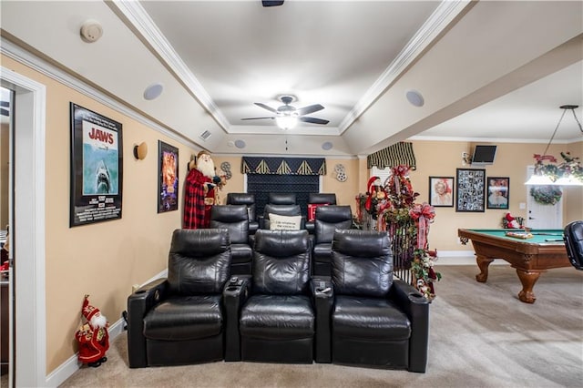 261 Double Springs Rd SW, Monroe, GA 30656 - cinema room featuring carpet, ornamental molding, a ceiling fan, baseboards, and billiards