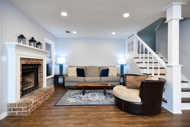 1206 Shiloh Cir NW, Kennesaw, GA 30144 - living room with stairway, wood finished floors, a fireplace, and recessed lighting