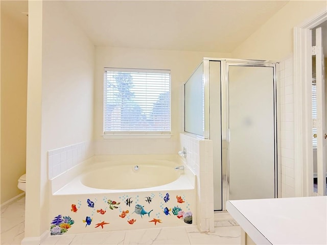 full bath with a shower stall, a bath, and marble finish floor