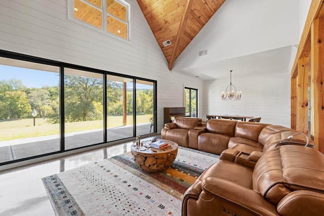 living room featuring an inviting chandelier, wood ceiling, and high vaulted ceiling