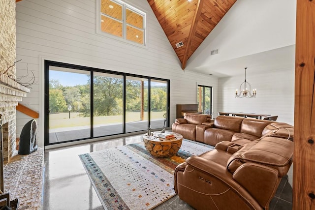 living room with an inviting chandelier, a fireplace, high vaulted ceiling, and wooden ceiling