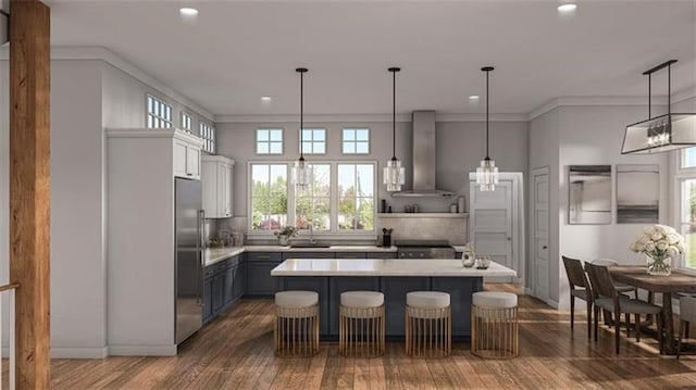 176 Railroad St, Canton, GA 30114 - kitchen with wall chimney exhaust hood, high end refrigerator, light countertops, hardwood / wood-style floors, and plenty of natural light