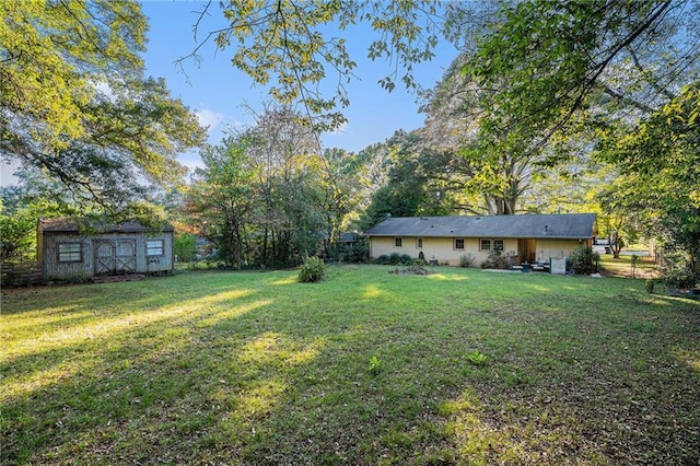 view of yard featuring a storage shed