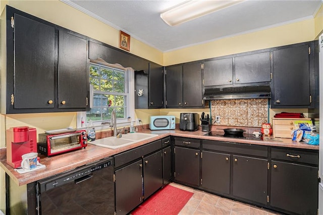 kitchen featuring ornamental molding, black appliances, sink, and backsplash