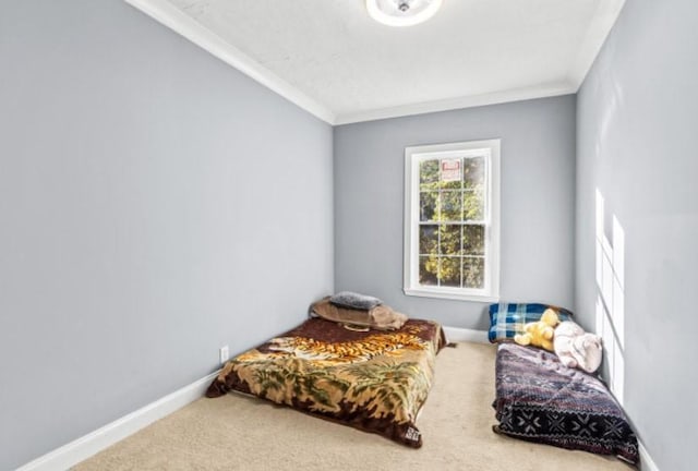 bedroom with carpet flooring and crown molding