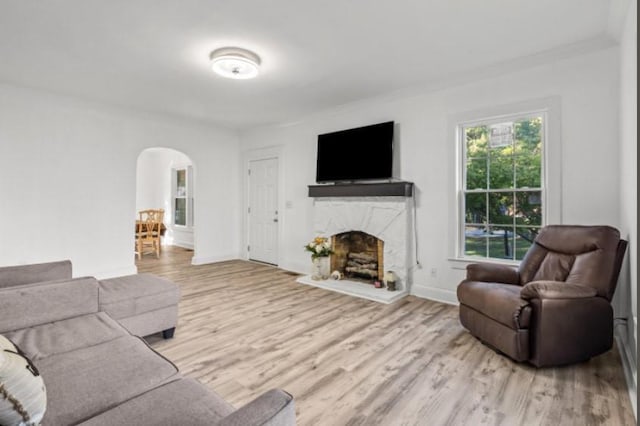 living room with light wood-type flooring and ornamental molding