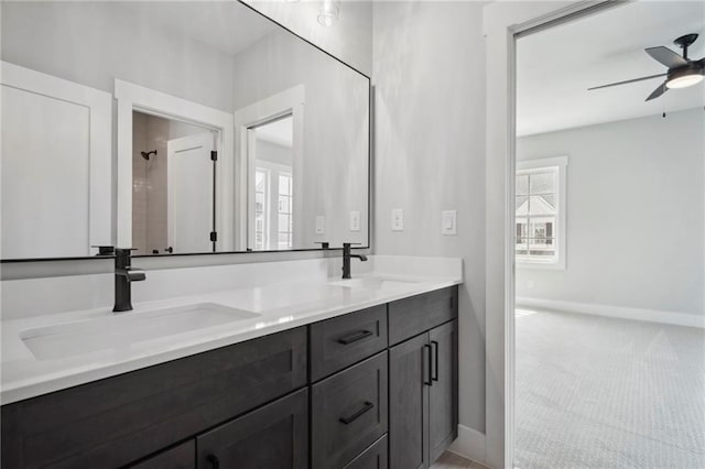 591 Brashy St, Woodstock, GA 30188 - full bath featuring baseboards, double vanity, a ceiling fan, and a shower