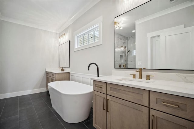 591 Brashy St, Woodstock, GA 30188 - full bathroom featuring a stall shower, two vanities, a freestanding bath, and tile patterned floors