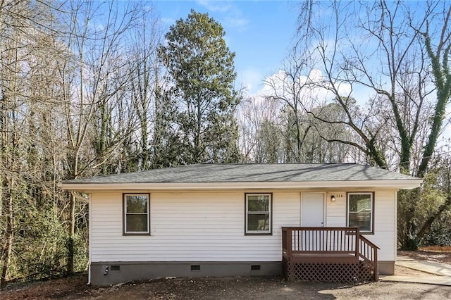 view of front of property featuring crawl space and roof with shingles