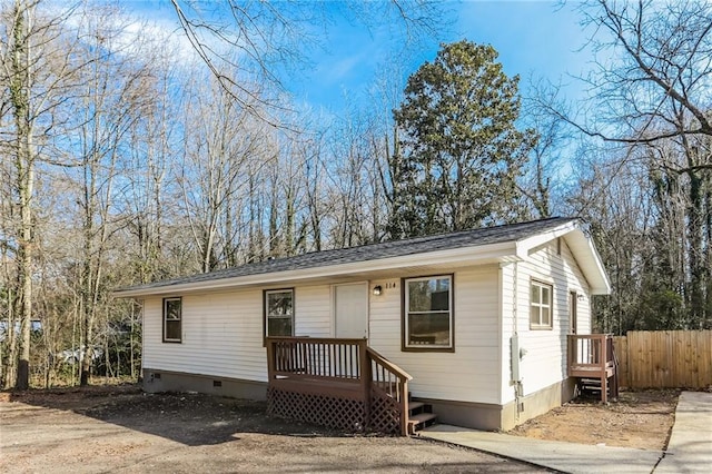 view of front of property with crawl space and fence