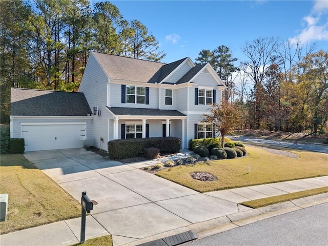 view of front facade featuring a front lawn and a garage