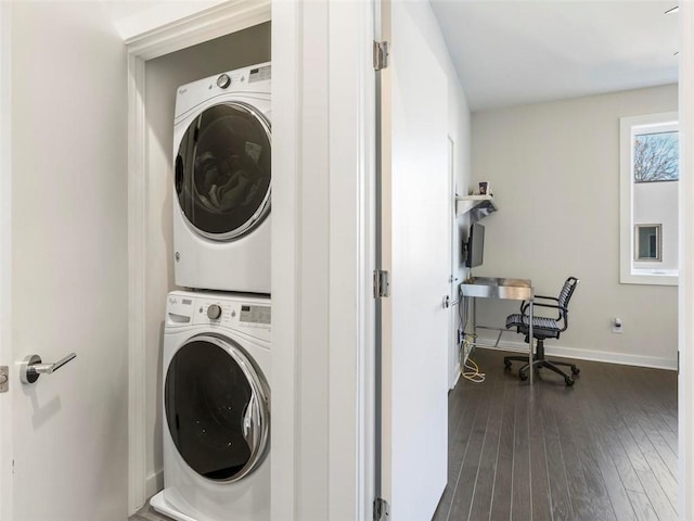 415 Gartrell St SE Unit 16, Atlanta, GA 30312 - laundry room with stacked washer / drying machine and dark wood-style flooring