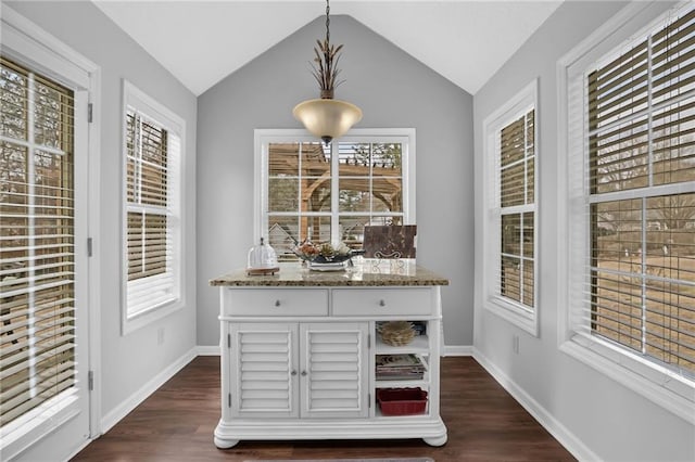 unfurnished dining area featuring dark wood-style flooring, vaulted ceiling, and baseboards