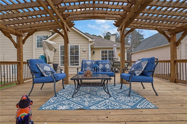 deck featuring an outdoor living space and a pergola