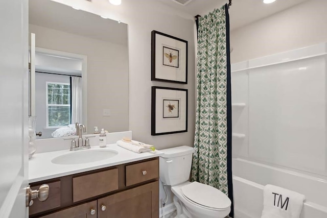 full bathroom with vanity, toilet, and shower / bathtub combination with curtain