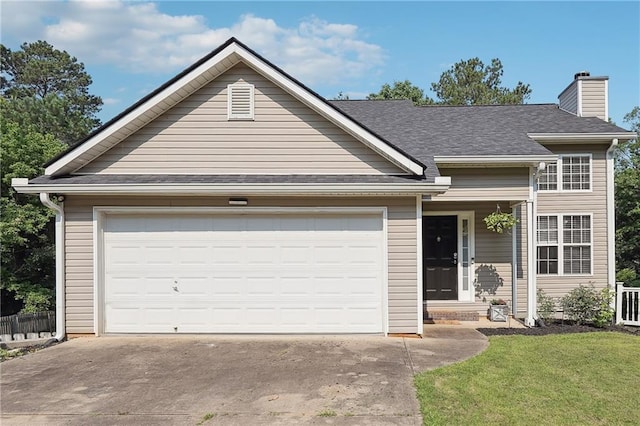 119 Ashley Way, Jefferson, GA 30549 - view of front of property with a chimney, driveway, an attached garage, a front lawn, and a shingled roof