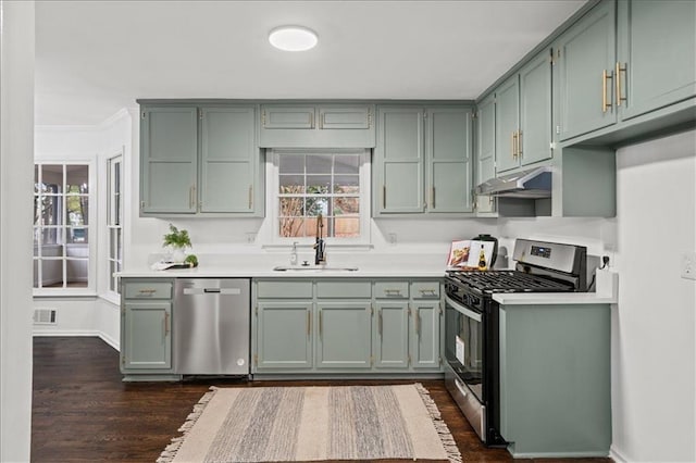 kitchen featuring appliances with stainless steel finishes, ornamental molding, dark wood-type flooring, and sink