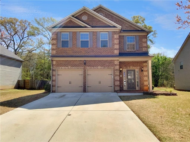 craftsman house with fence, a garage, concrete driveway, brick siding, and a front lawn