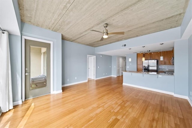 unfurnished living room featuring ceiling fan and light wood-type flooring