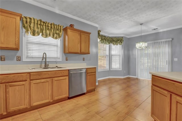 kitchen featuring crown molding, dishwasher, light countertops, and a sink