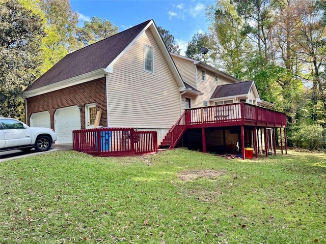 view of property exterior with a lawn and a wooden deck