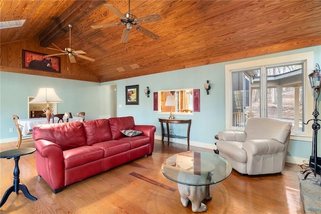 living area featuring wood ceiling, baseboards, light wood-style flooring, and lofted ceiling with beams