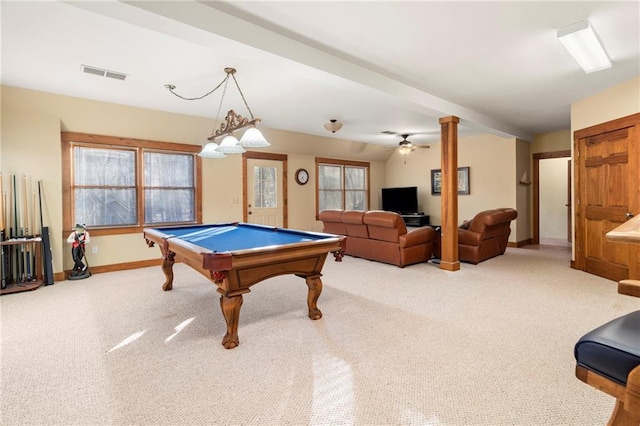 playroom with light carpet, baseboards, visible vents, and pool table