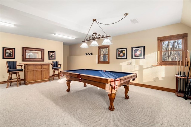 rec room featuring pool table, visible vents, light carpet, and baseboards