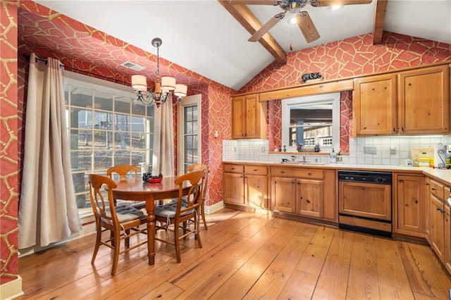 kitchen featuring vaulted ceiling with beams, light wood-style flooring, light countertops, paneled dishwasher, and pendant lighting