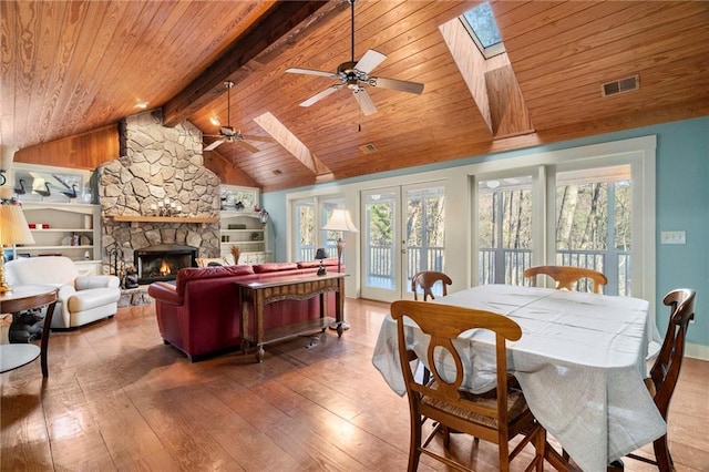 dining area featuring a wealth of natural light, visible vents, vaulted ceiling with skylight, and wood finished floors