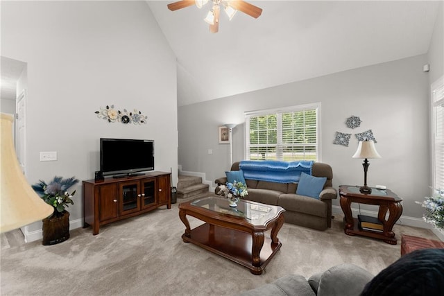 27 Kendall Creek Dr, Jefferson, GA 30549 - living room featuring high vaulted ceiling, ceiling fan, plenty of natural light, and carpet