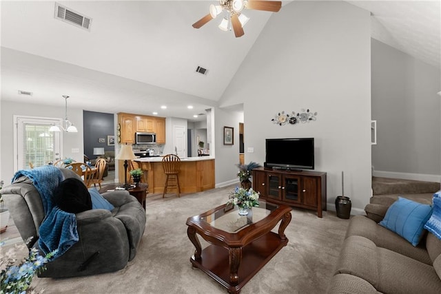 27 Kendall Creek Dr, Jefferson, GA 30549 - living room with a ceiling fan, high vaulted ceiling, light carpet, and recessed lighting