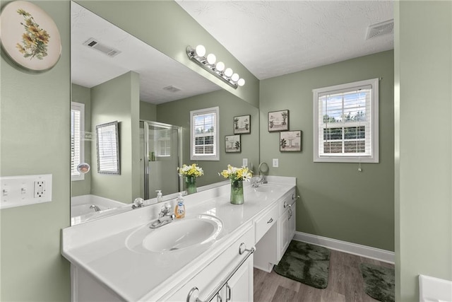 27 Kendall Creek Dr, Jefferson, GA 30549 - bathroom featuring wood finished floors, double vanity, healthy amount of natural light, and a shower stall