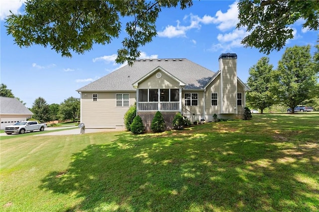 27 Kendall Creek Dr, Jefferson, GA 30549 - rear view of property with a sunroom, a yard, and a chimney