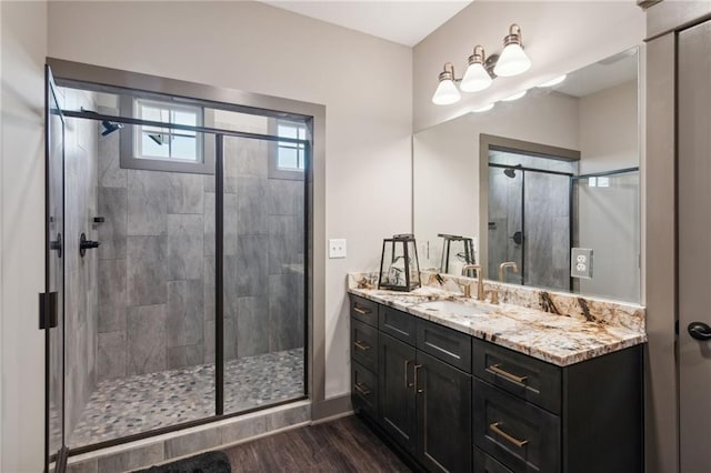 bathroom featuring walk in shower, vanity, and wood-type flooring