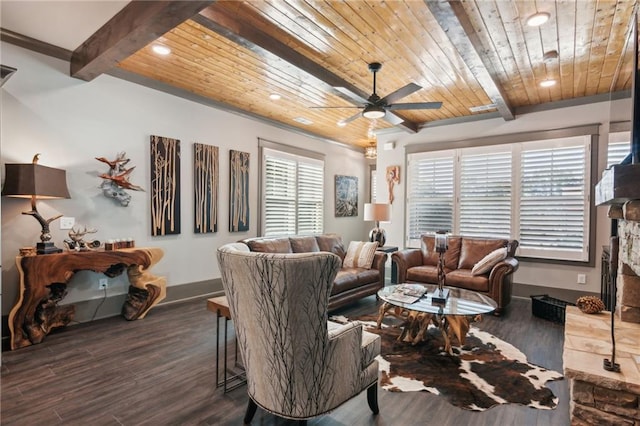 living room with ceiling fan, a stone fireplace, wood ceiling, dark hardwood / wood-style flooring, and beam ceiling