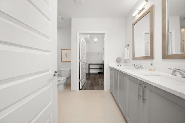 full bathroom featuring a sink, toilet, and double vanity