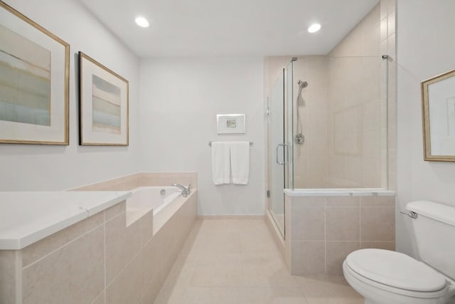 full bath with a garden tub, toilet, a stall shower, recessed lighting, and tile patterned flooring