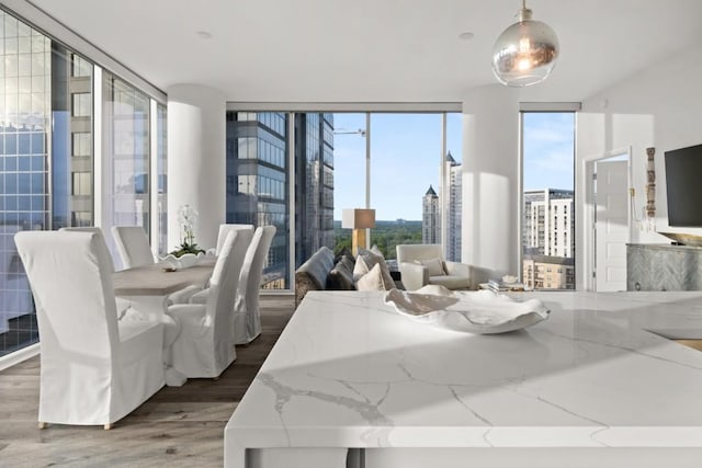 dining area with a wall of windows and wood finished floors