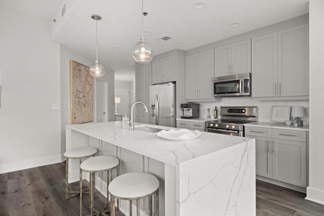 kitchen with visible vents, dark wood-type flooring, an island with sink, a sink, and stainless steel appliances