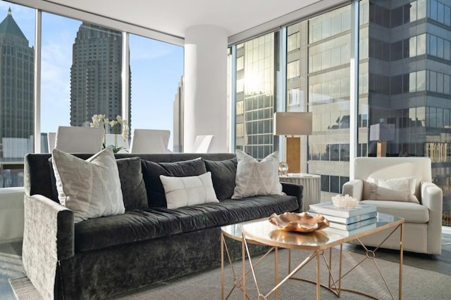 living room featuring a view of city, wood finished floors, a wealth of natural light, and expansive windows